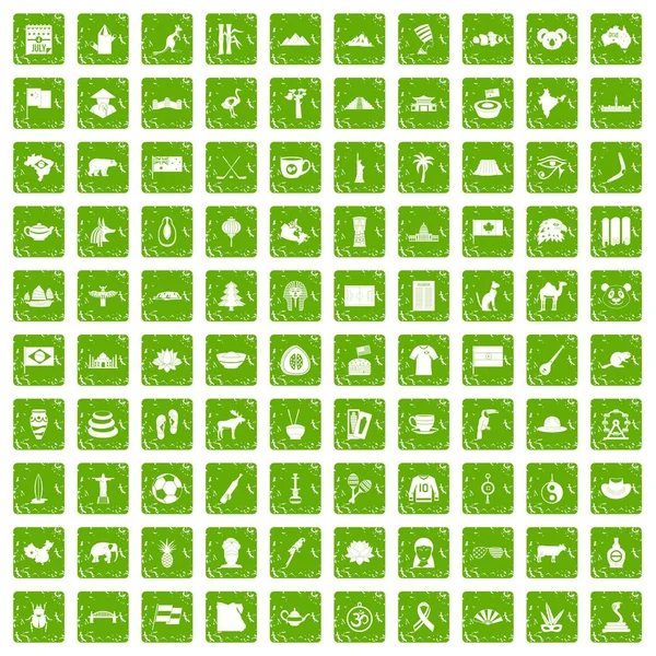 100 iconos de puntos de referencia conjunto grunge verde — Vector de stock