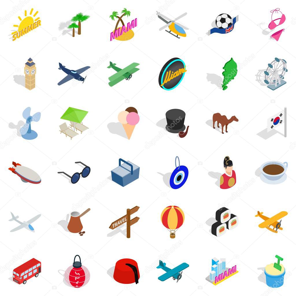 Beach icons set. Isometric style of 36 beach vector icons for web isolated on white background