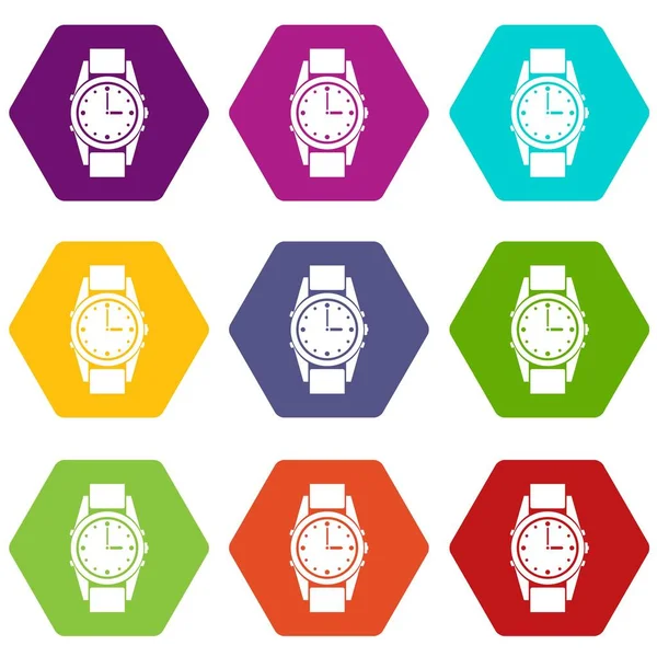 Reloj suizo icono conjunto hexaedro color — Vector de stock