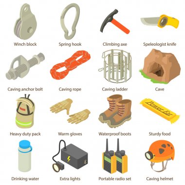 Speleologist Icons set, izometrik stili