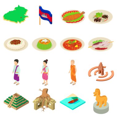 Kamboçya seyahat Icons set, izometrik stili