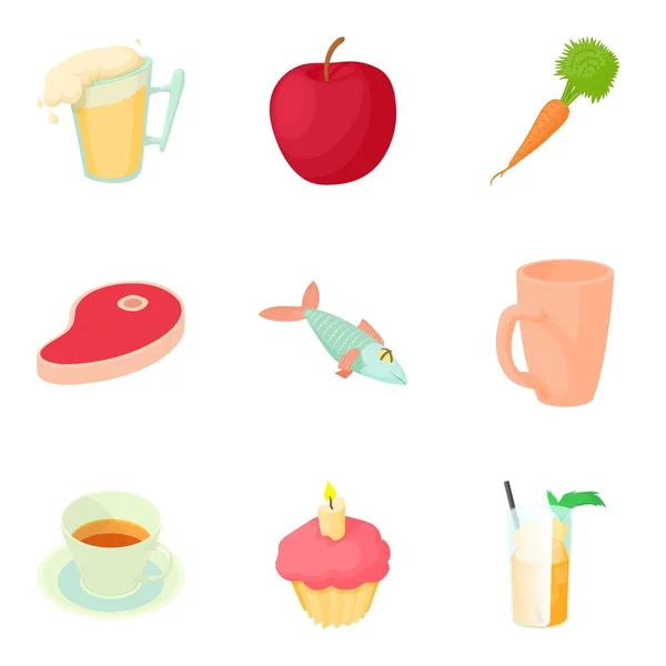 Set di icone alimentari di compleanno, stile cartone animato — Vettoriale Stock