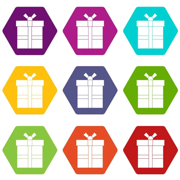 Caja de regalo con icono de cinta set color hexaedro — Vector de stock