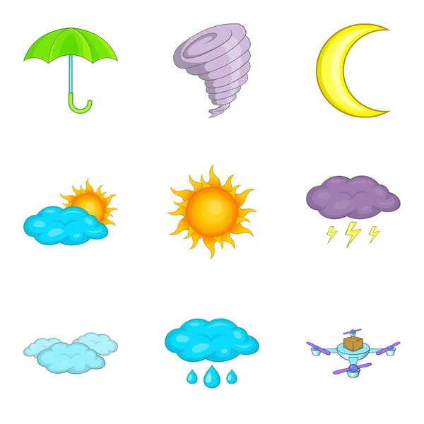Conjunto de ícones meteorológicos de voo, estilo cartoon — Vetor de Stock