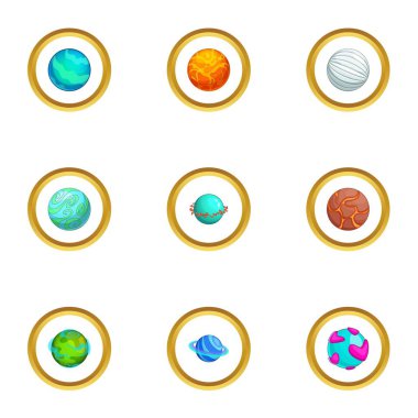 Fantezi renkli gezegen Icons set, karikatür tarzı