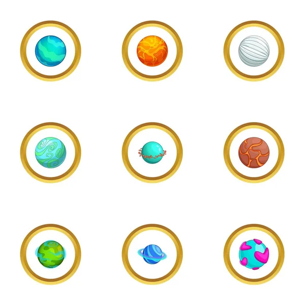 Fantasy colorful planet icons set, cartoon style — Stock Vector