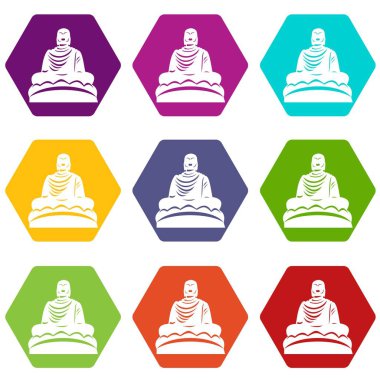 Renk altı yüzlü Buda heykeli Icon set