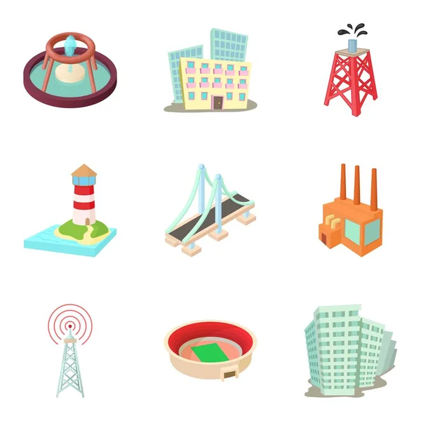 Conjunto de iconos de infraestructura urbana, estilo de dibujos animados — Vector de stock