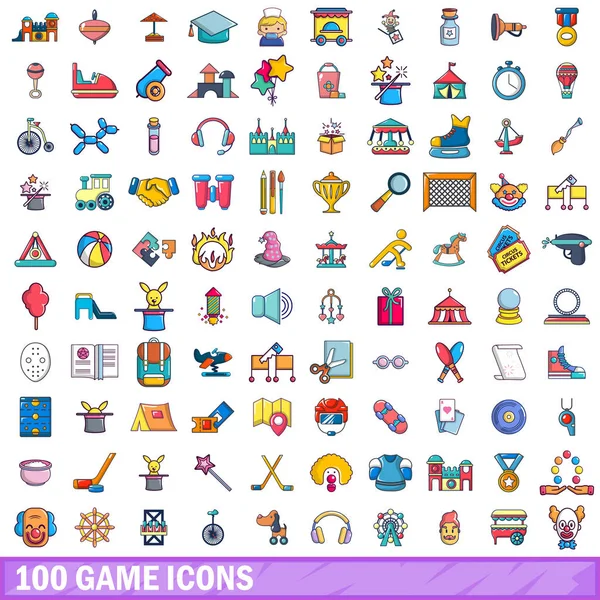 100 oyun Icons set, karikatür tarzı — Stok Vektör