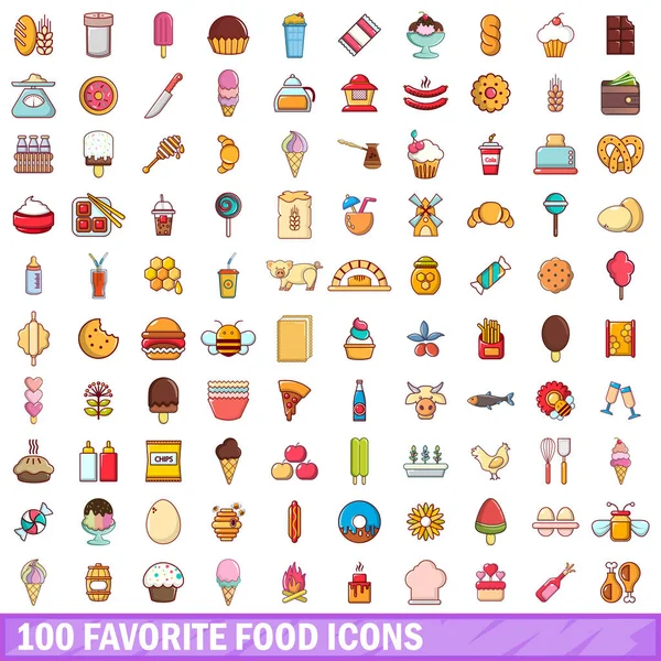 100 set di icone alimentari preferite, stile cartone animato — Vettoriale Stock
