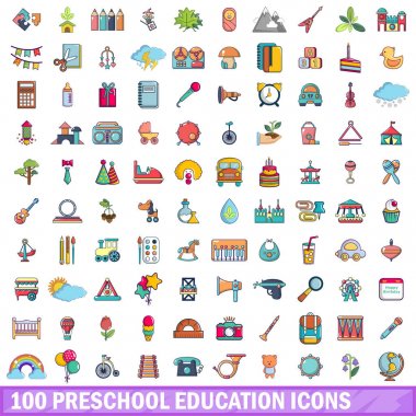100 okul öncesi eğitim simgeler ayarla, tarzı çizgi film