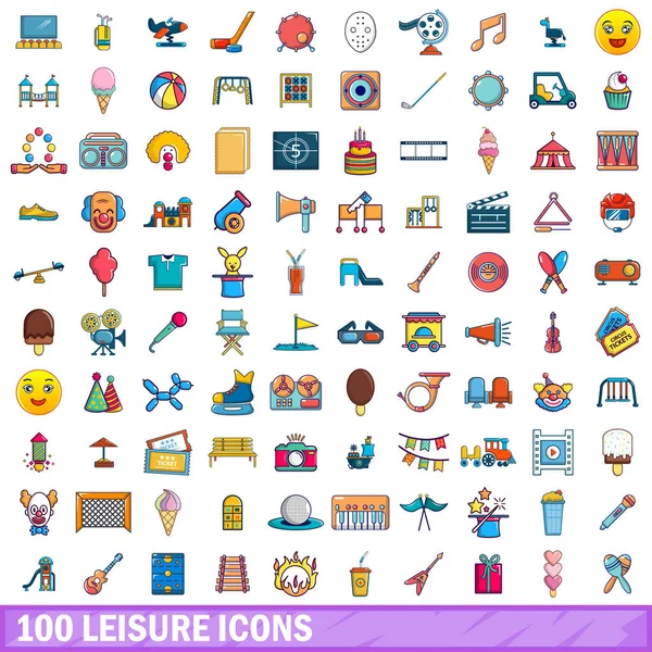 100 iconos de ocio conjunto, estilo de dibujos animados — Vector de stock