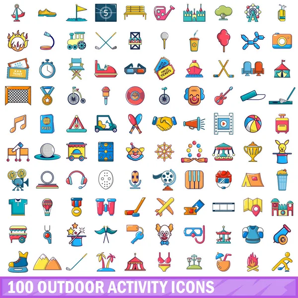 100 iconos de la actividad al aire libre conjunto, estilo de dibujos animados — Vector de stock