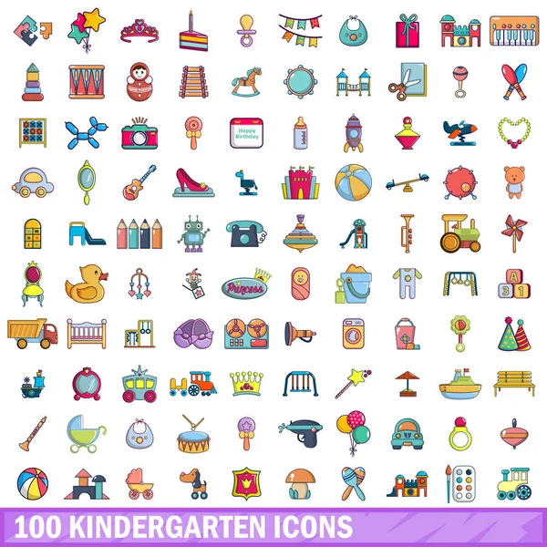 100 conjunto de iconos de jardín de infantes, estilo de dibujos animados — Vector de stock