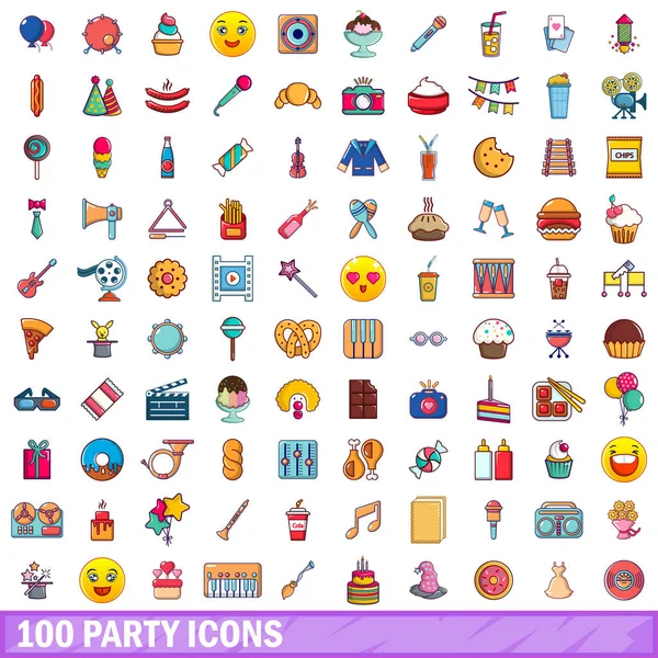 stock vector 100 party icons set, cartoon style