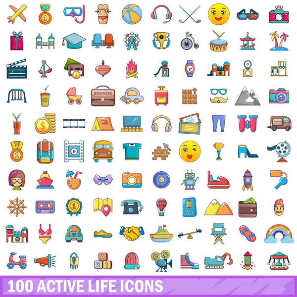 100 iconos de la vida activa conjunto, estilo de dibujos animados — Vector de stock