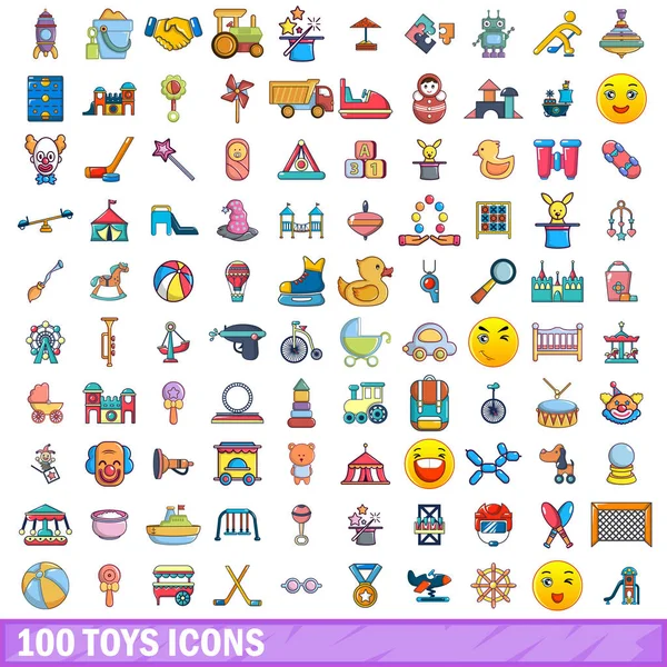 100 brinquedos conjunto de ícones, estilo cartoon — Vetor de Stock