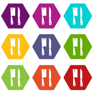 Renk altı yüzlü mutfak bıçak ve et bıçağı Icon set