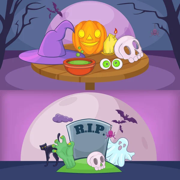 Happy halloween banner backgroun set, cartone animato — Vettoriale Stock