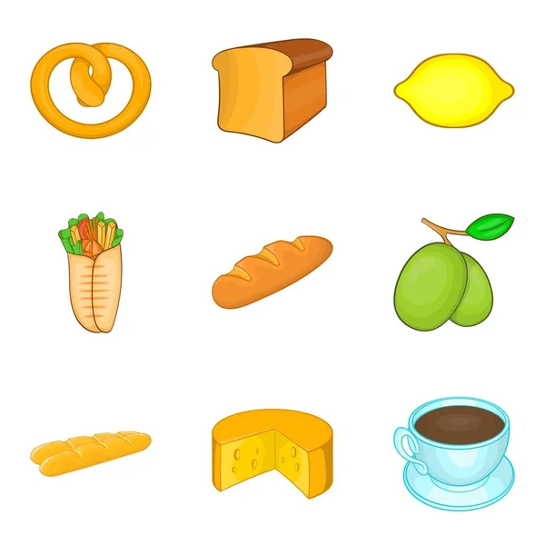 Thé avec des icônes de pain ensemble, style dessin animé — Image vectorielle