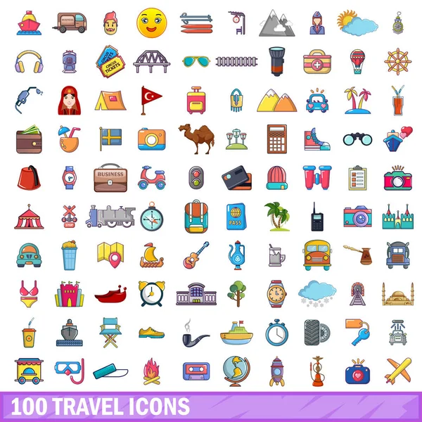 100 iconos de viaje conjunto, estilo de dibujos animados — Vector de stock