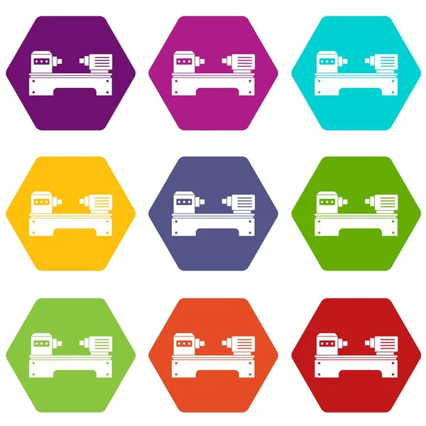 Torno icono de la máquina establecer hexaedro de color — Vector de stock