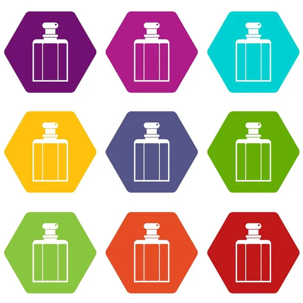 Bouteille d'icône de parfum féminin ensemble couleur hexaèdre — Image vectorielle