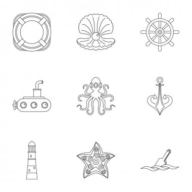 Deniz macera Icons set, anahat stili