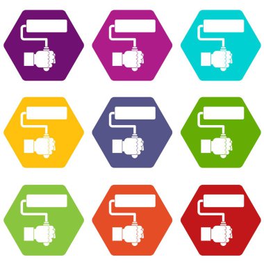 Renk altı yüzlü el hoding boya silindiri Icon set