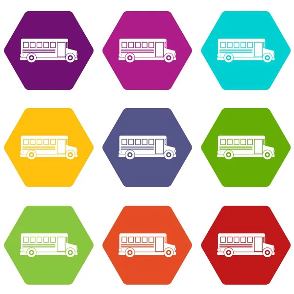 Iskolabusz ikon készlet színes hexahedron — Stock Vector