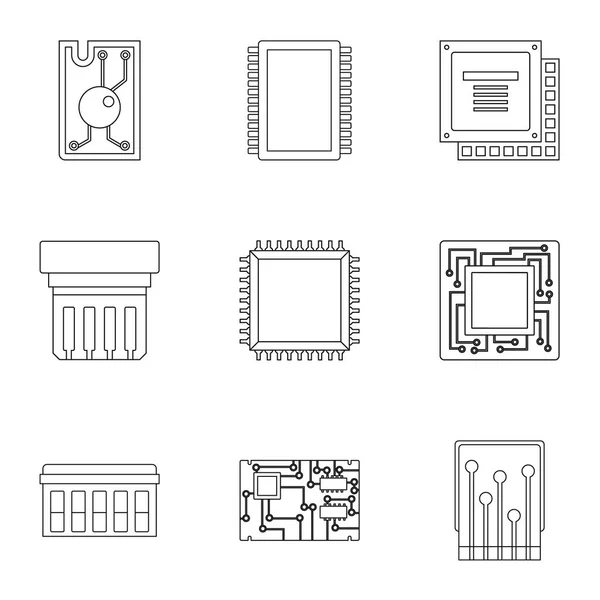 Mikrochip-Symbole setzen, Stil umreißen — Stockvektor