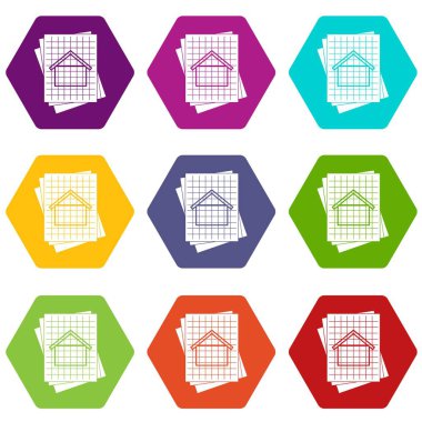 Renk altı yüzlü ev planı Icon set