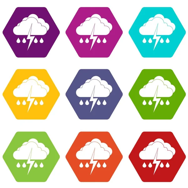 Nube con relámpago e icono de lluvia establecer hexaedro de color — Vector de stock