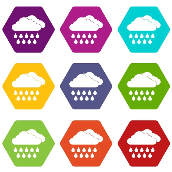 Nube y lluvia icono conjunto hexaedro de color — Vector de stock