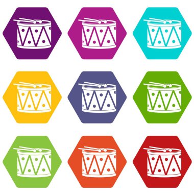 Renk altı yüzlü davul ve sopaları Icon set