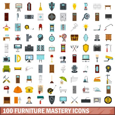 100 mobilya mastery simge seti, stil düz
