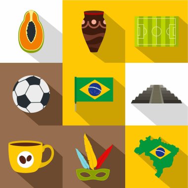 Brezilya simge seti, düz stil yerlerinden