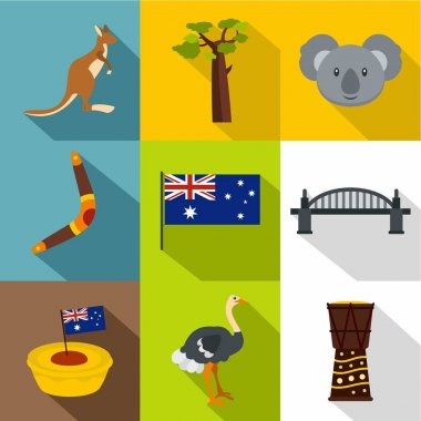 Avustralya seyahat etmek simge seti, düz stil