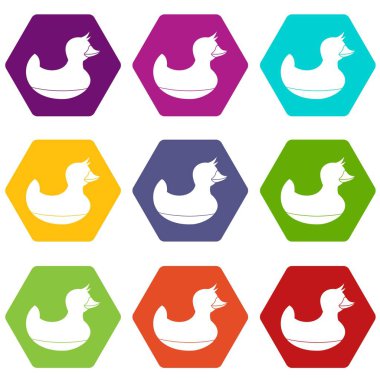 Renk altı yüzlü siyah ördek oyuncak Icon set