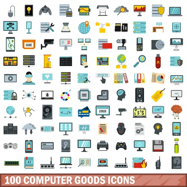 100 conjunto de ícones de bens de computador, estilo plano — Vetor de Stock