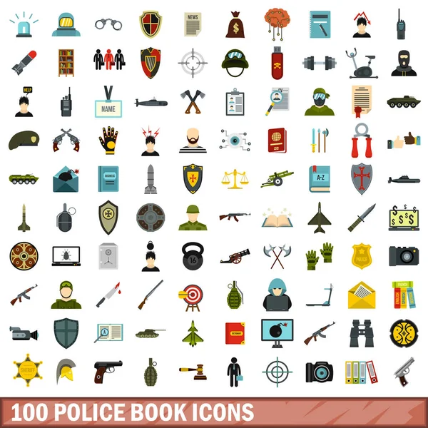 100 іконок поліцейських книг, плоский стиль — стоковий вектор