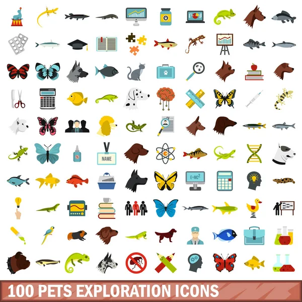 100 ikon eksplorasi hewan peliharaan diatur, gaya datar - Stok Vektor