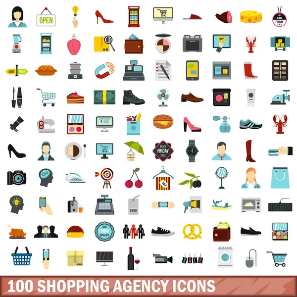 100 winkels Agentschap pictogrammen instellen, vlakke stijl — Stockvector