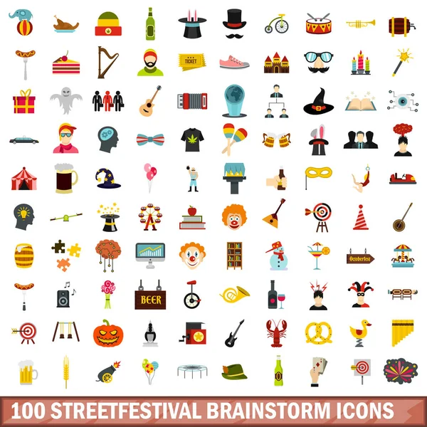 Set di 100 icone brainstorming streetfestival, in stile piatto — Vettoriale Stock