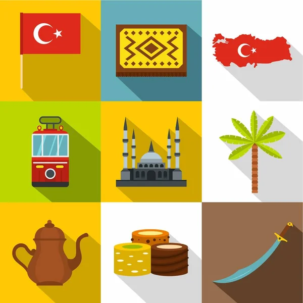 Turquía icono de viaje conjunto, estilo plano — Vector de stock