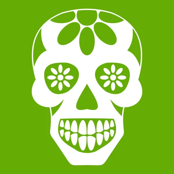 Cráneo de azúcar, flores en el icono del cráneo verde — Vector de stock