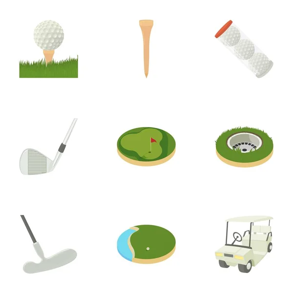 Ensemble d'icônes d'accessoires de golf, style dessin animé — Image vectorielle