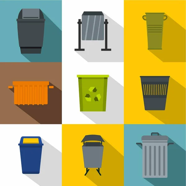 Garbage container icon set, flat style — Stock Vector
