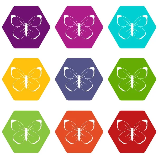蝶のアイコン設定色の六角形 — ストックベクタ