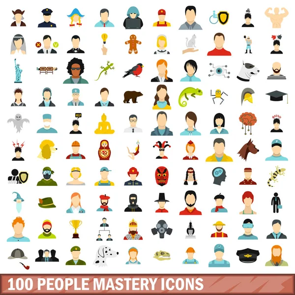 100 people mastery icons set, flat style Stock Vector